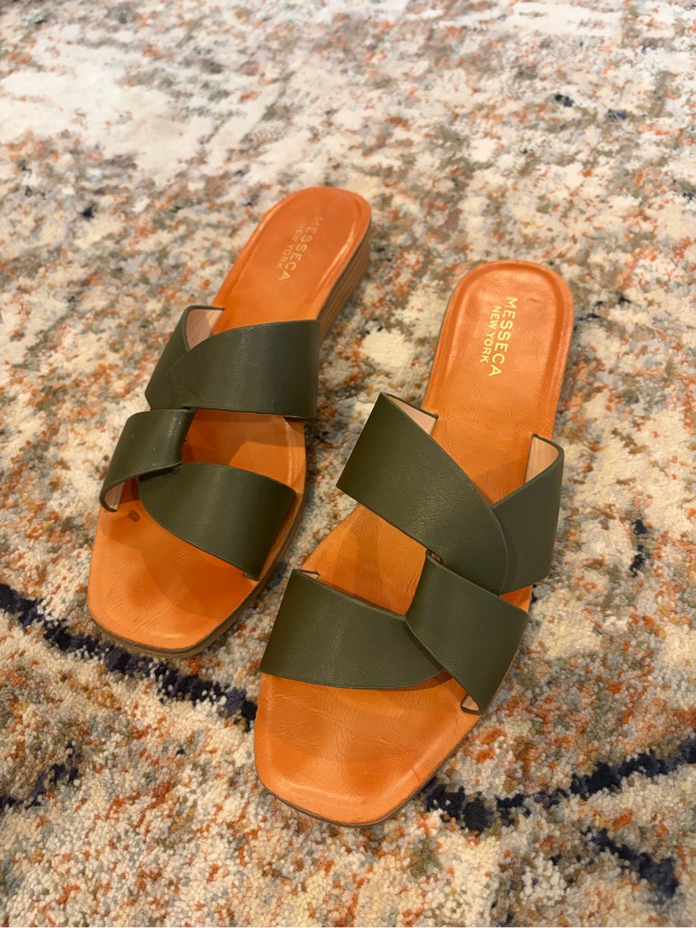Messeca New York Tyla Olive Green Leather Slide Sandals
